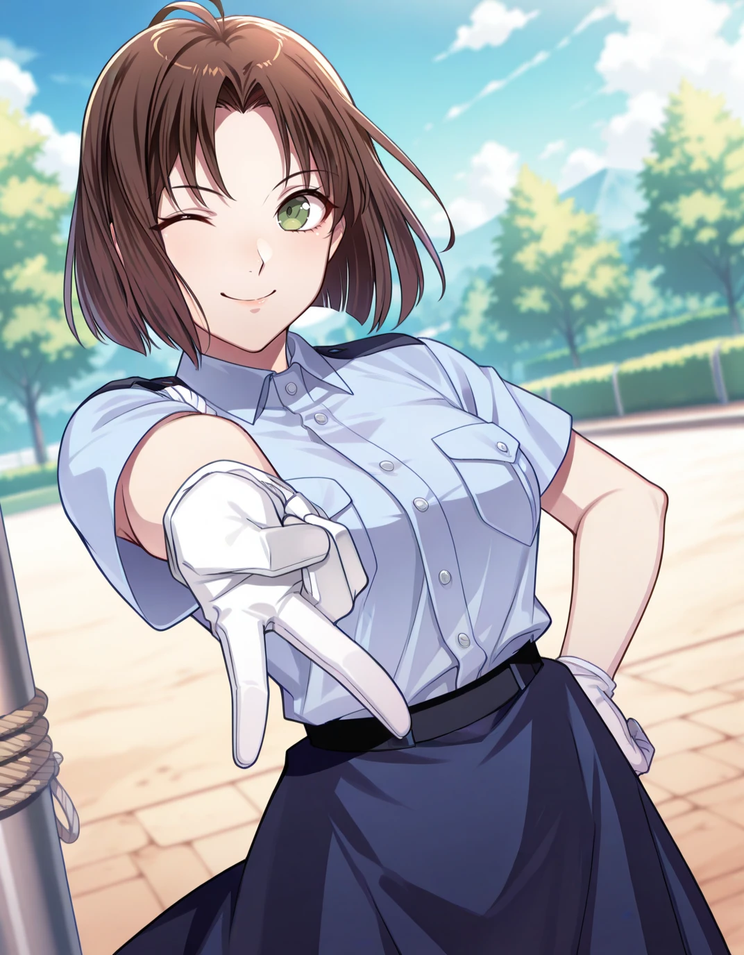 <lora:AENatsumiT:1> AENatsumiT, dark green eyes, Brown hair, parted bangs, short hair, Police uniform, blue shirt, breast pocket, rope, short sleeves, White gloves, blue skirt,
solo, one eye closed, smile, gyaru v, outdoors, blue sky, <lora:AEkurahanachinatsu:1>, masterpiece, best quality, high quality, highres, 4k, newest, anime,