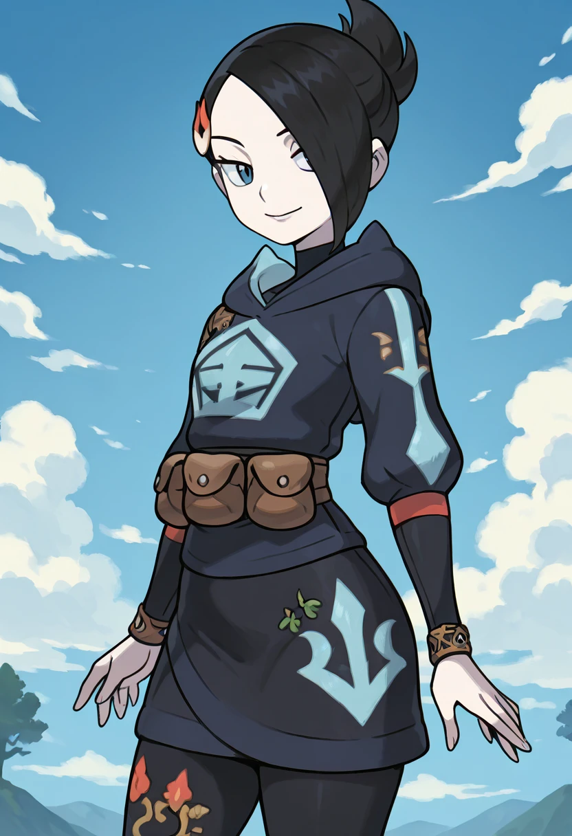 masterpiece, best quality, solo, curvy, beautiful eyes, narrow waist, wide hips, 1girl, solo, smile, looking at viewer, zzMai, blue eyes, hair over one eye, black hair, hair ornament, hairclip, short hair, black skirt, brown bag, diamond clan outfit, hood, hood down, jacket, pantyhose, pouch, print pantyhose, skirt, long sleeves, <lora:MaiPokemon_IXL_v4:1.0>, back arched, hips back, side view, smile, looking at viewer,