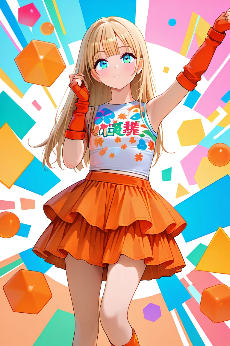dirty blonde_hair,ice blue_eyes,long hair,1girl,solo <lora:OrangeCasual_ClothingV1.1_Illustrious:1.0>,orangecasual,floral print,white shirt,print shirt,sleeveless shirt,layered skirt,orange skirt ,orange fingerless gloves,socks ,white sneakers,1girl, solo, colorful background, geometric shapes, floating flowers, abstract style, looking at viewer, dynamic pose, bright lighting,, masterpiece, best quality, amazing quality, newest