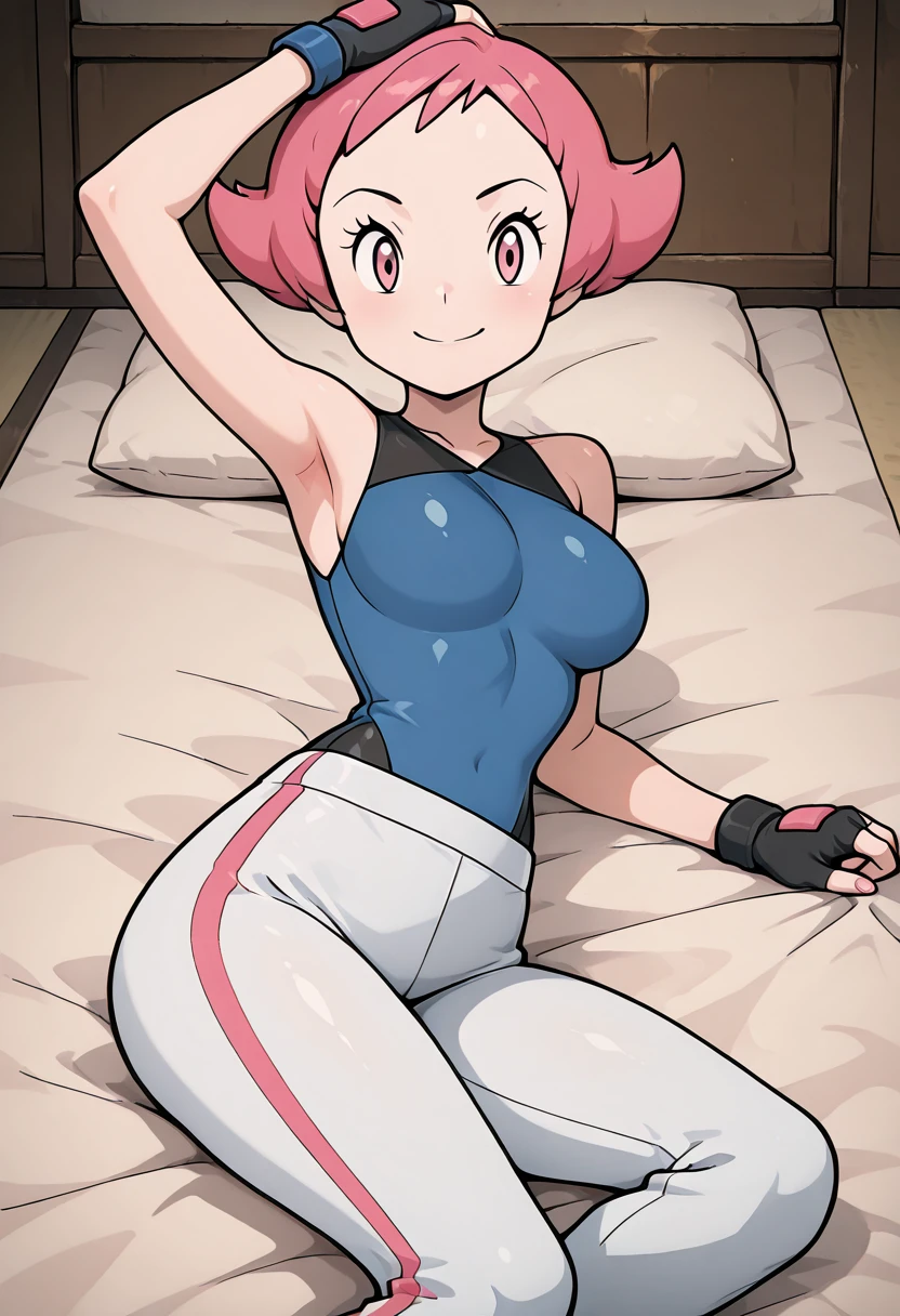 masterpiece, best quality, solo, curvy, beautiful eyes, narrow waist, wide hips, 1girl, solo, smile, looking at viewer, zzMaylene, pink eyes, pink hair, short hair, fingerless gloves, blue shirt, sleeveless shirt, white pants, <lora:MaylenePokemon_IXL_v1:1.0>, laying on side, one arm supporting head, relaxed, looking at viewer,