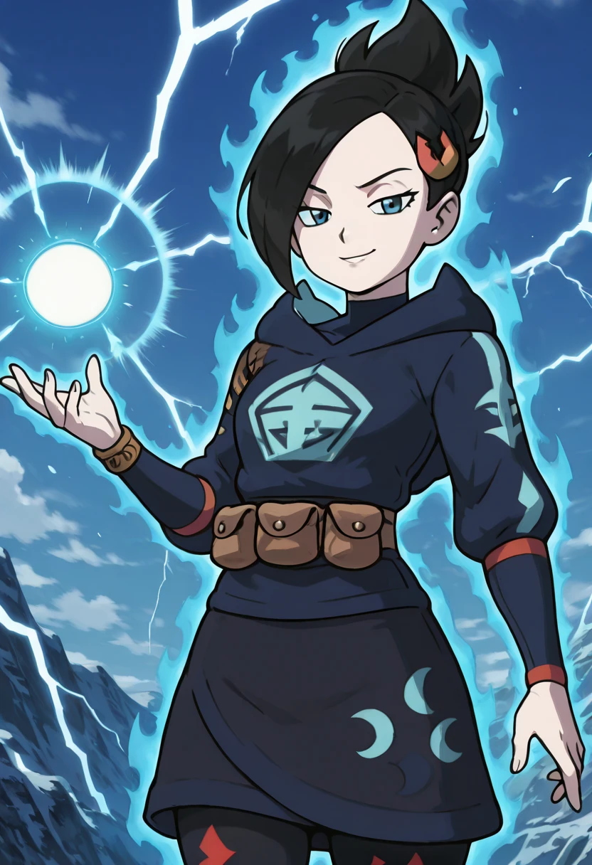 masterpiece, best quality, solo, curvy, beautiful eyes, narrow waist, wide hips, 1girl, solo, smile, looking at viewer, zzMai, blue eyes, hair over one eye, black hair, hair ornament, hairclip, short hair, black skirt, brown bag, diamond clan outfit, hood, hood down, jacket, pantyhose, pouch, print pantyhose, skirt, long sleeves, <lora:MaiPokemon_IXL_v4:1.0>, ,vivid aura, looking at viewer, blue background, smug, aura, super saiyan, charging energy, energy ball, energy, lightning, <lora:DBSBroly_Style_IXL_v2:0.6>,