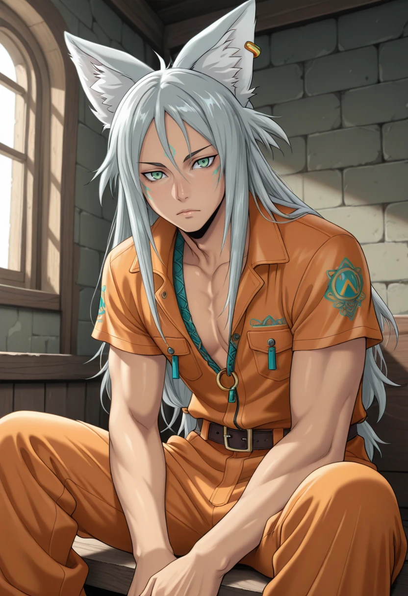 masterpiece, best quality, absurdres, newest, perfect quality, best quality, absolutely eye-catching, detailed background, intricate details, solo,
<lora:ILR4Leon:1>
R4Leon, 1boy, male focus, long hair, grey hair, green eyes, animal ears, fox boy, facial mark, looking at viewer, male focus, pants, short sleeves, sitting, closed mouth, indoors, orange jumpsuit, prison