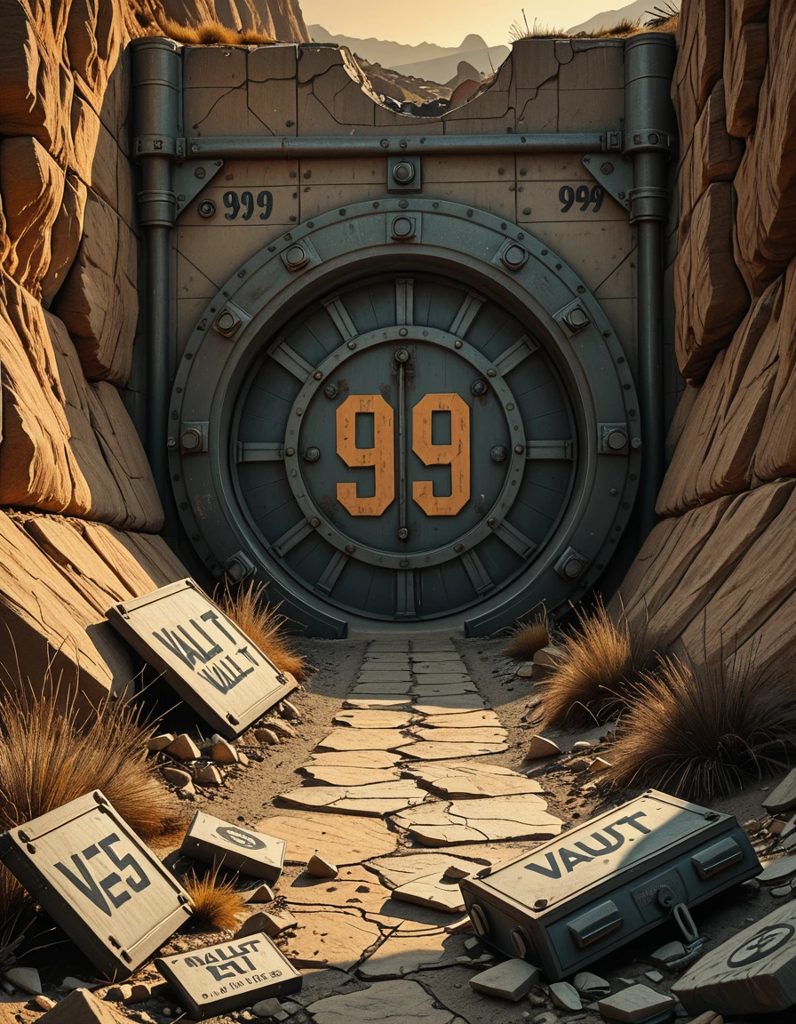(masterpiece, best quality, photorealistic, cinematic lighting, retrofuturistic post-apocalyptic setting), exterior view of Vault 69, a massive gear-shaped steel door embedded into a rugged canyon wall, the number "69" faded and scratched on its surface, surrounded by broken rock and dead vegetation, cracked concrete and rusted scaffolding scattered with old-world debris, remnants of ruined equipmentâburnt-out terminals, tangled wires, broken warning lightsâsurround the entrance, a toppled Vault-Tec sign lies half-buried in dust, the vault door is slightly ajar, revealing deep darkness inside, the sky is hazy orange with distant ash clouds, long shadows stretch across the desolate terrain, eerie silence, no human presence, inspired by Fallout universe, ultra-detailed, atmospheric storytelling,exterior view of V4ult 69, <lora:exterior_view_of_V4ult_69-i:1>, Masterpiece,best quality,hi res,8k,hi res,8k,award winning,(sharp focus, intricate, highly detailed),
