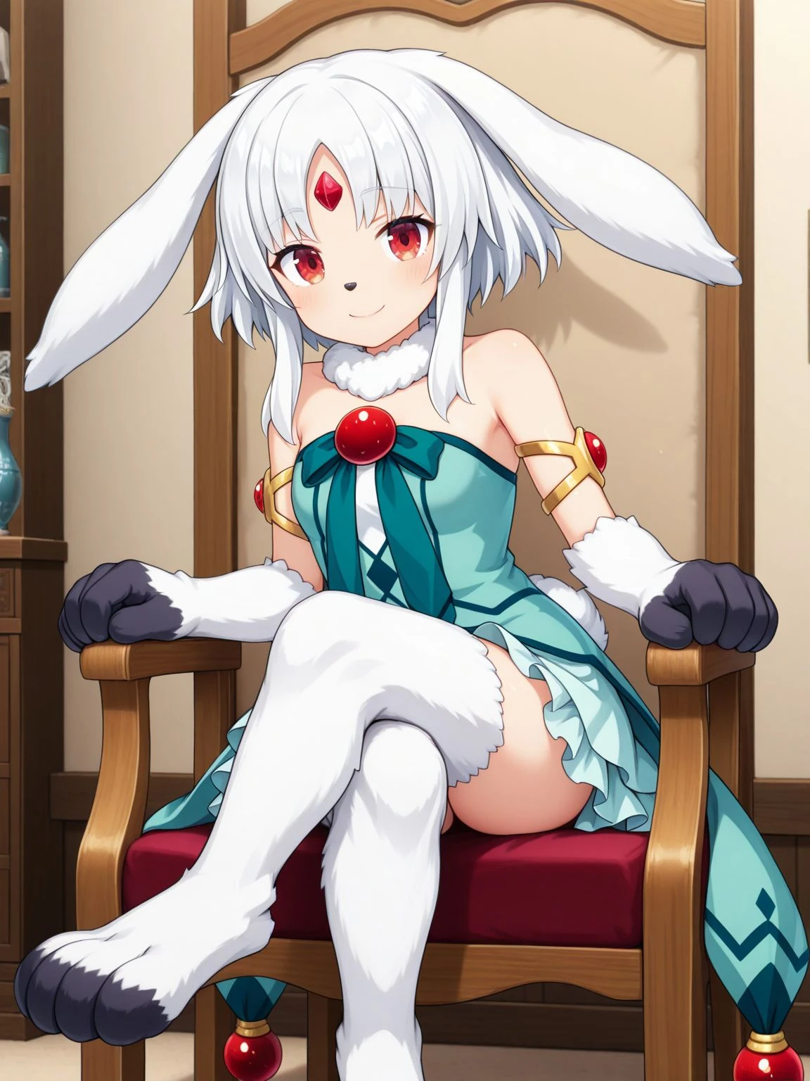1girl,solo,<lora:Rulier_Carbuncle_Illustrious_V1.0:1>,monrulier,rabbit girl,monster girl,animal ears,ears down,floppy ears,rabbit ears,animal hands,white hair,short hair,short hair with long locks,sidelocks,white fur,animal nose,parted bangs,fur collar,neck fur,red eyes,forehead jewel,elbow gloves,gem,red gemstone,bare shoulders,armlet,ribbon,skirt,sleeveless dress,aqua dress,frilled dress,short dress,green bow,rabbit tail,strapless dress,digitigrade,thighhighs,animal feet,smile,looking at viewer,sitting,crossed legs,on chair,