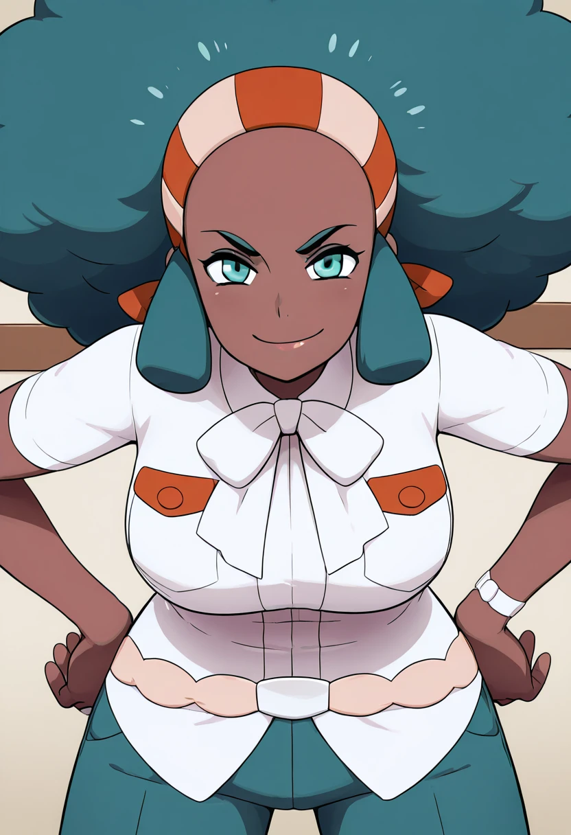 masterpiece, best quality, 1girl, solo, looking at viewer, smile, zzLenora, green eyes, big hair, green hair, hairband, dark skin, white shirt, large breasts, bow, green pants, , <lora:LenoraPokemon_IXL_v2:1.0>, , smile, looking at viewer, cowboy shot, leaning forward, smug, aged up, <<lora:MantisIXL_v2:0.8>,