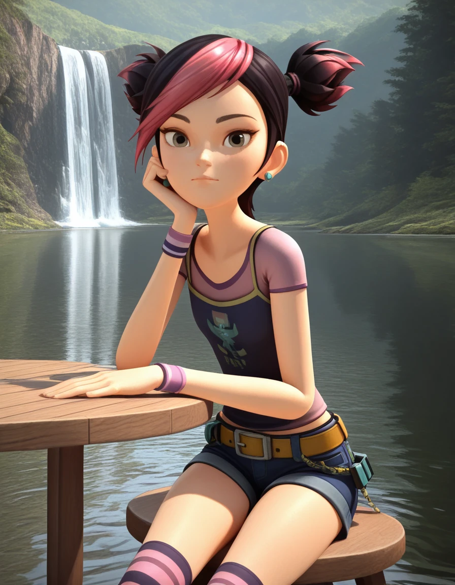 masterpiece, best quality, amazing quality,, <lora:miko-nakadai-cartoon-illustriousxl-lora-nochekaiser:1>, miko nakadai, short hair, black hair, pink hair, multicolored hair, two-tone hair, twintails, streaked hair, 3d,, jewelry, earrings, wristband, camisole, shirt, short sleeves, striped, striped kneehighs, belt, shorts, denim,, sitting, elbow rest, table,, water, lake, river, waterfall, natural, cowboy shot, solo, looking at viewer,