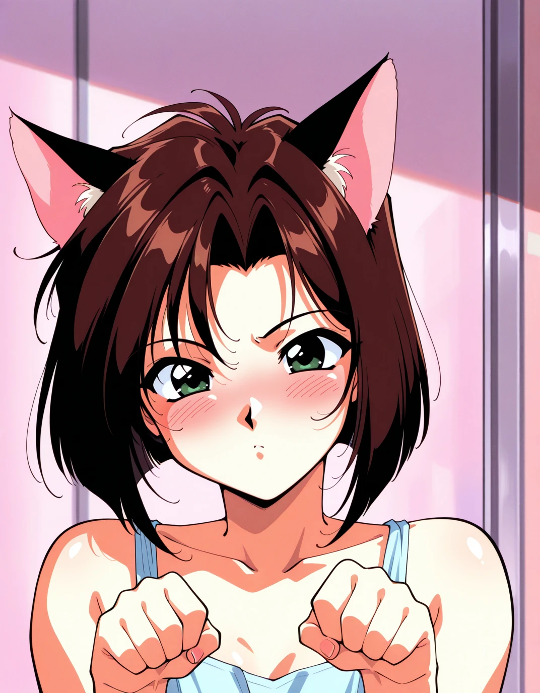 solo, <lora:AENatsumiT:1>
AENatsumiT, dark green eyes, Brown hair, parted bangs, short hair,
1990s \(style\), cat ears, paw pose, meowing, blush,, masterpiece, best quality, high quality, highres, 4k, newest, anime,