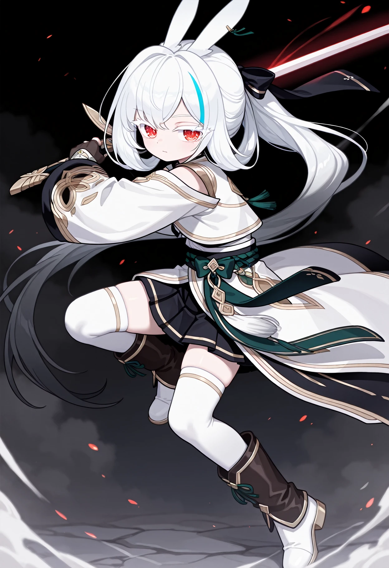 masterpiece, looking at viewer,holding weapon,sword,
1girl, solo,  <lora:Len_Maplestory_-_ILXL:1> white hair, long hair, streaked hair, ponytail, hair bow, rabbit ears, red eyes, white eyelash, detached sleeves, long sleeves, black skirt, pleated skirt,fingerless gloves, thighhighs, boots