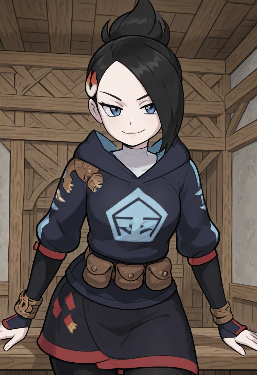 masterpiece, best quality, solo, curvy, beautiful eyes, narrow waist, wide hips, 1girl, solo, smile, looking at viewer, zzMai, blue eyes, hair over one eye, black hair, hair ornament, hairclip, short hair, black skirt, brown bag, diamond clan outfit, hood, hood down, jacket, pantyhose, pouch, print pantyhose, skirt, long sleeves, <lora:MaiPokemon_IXL_v4:1.0>, , smile, looking at viewer, cowboy shot, leaning forward, smug, aged up, <<lora:MantisIXL_v2:0.8>,