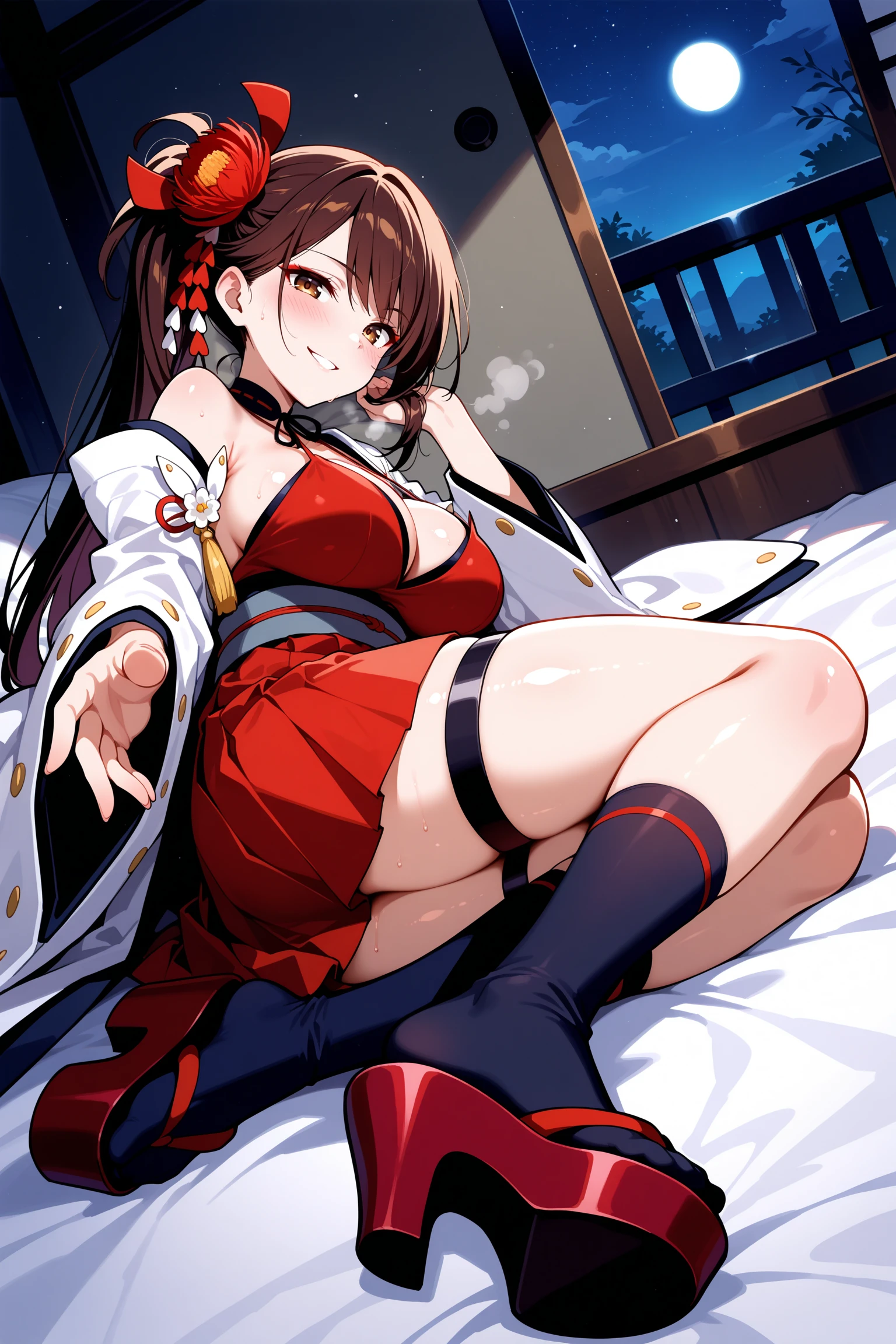 Smile, blush, cleavage, under boobs from below, stepping on screen ,brown hair, red eyes, red fingerless gloves, white tank top, glowing aura, natural light, masterpiece, Tifa Lockhart, glossy skin, juicy lips , tired, waking up, rubbing eye