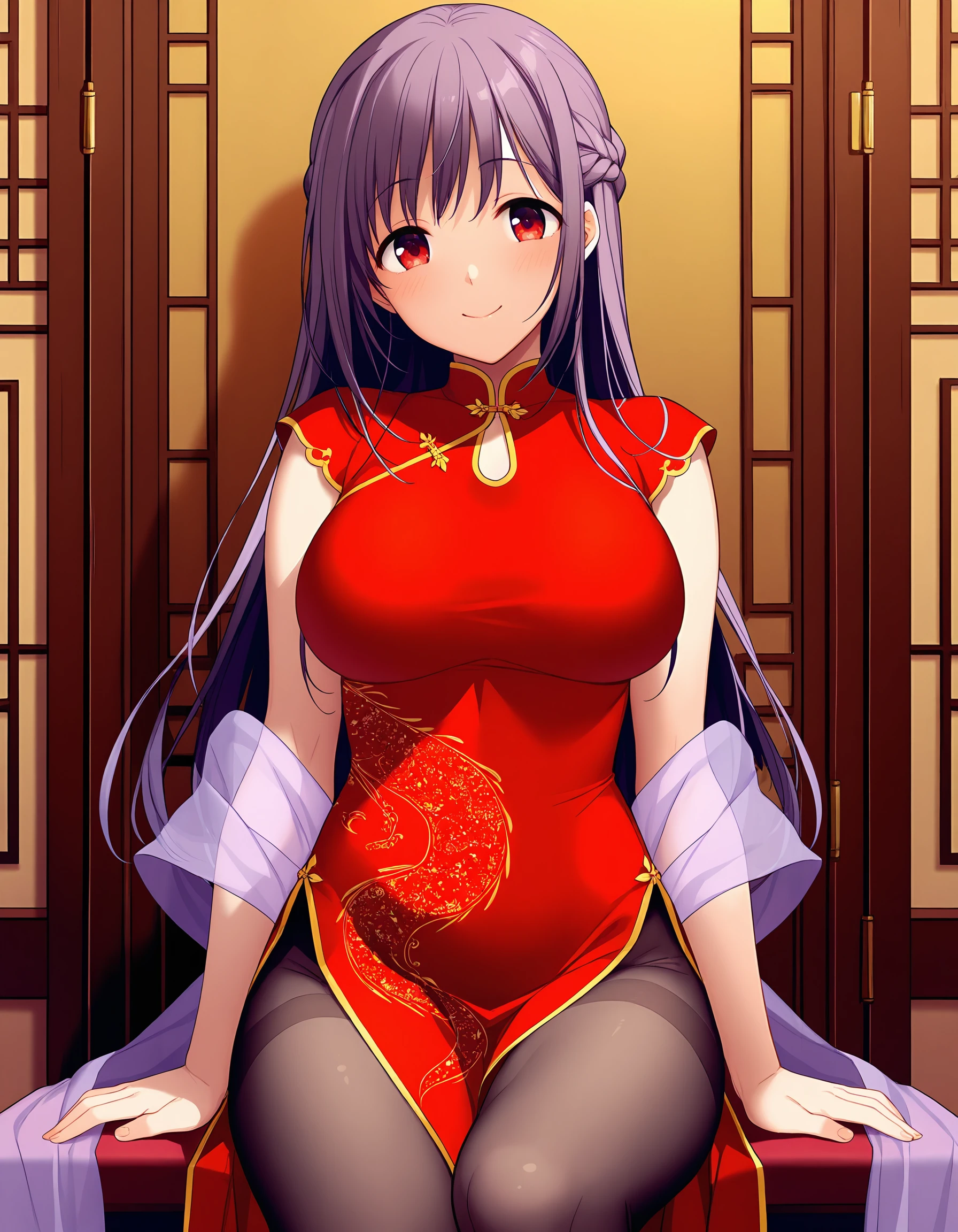 masterpiece, best quality, amazing quality, ultra detail, best resolution, good , good hand,
BREAK <lora:takasu-miyabi Prima Stella (Atelier Kaguya)-illustrious V2:1> takasu-miyabi, mature female, purple hair, long hair, half updo, hair braid, red eyes, ,
BREAK cheongsam, red cheongsam, no sleeves, dress, prints dress, shawl, purple shawl, see-thorough shawl wide shawl, pantyhose, black pantyhose, see-thorough pantyhose,
BREAK 1girl, sitting on chair, posing, smile,