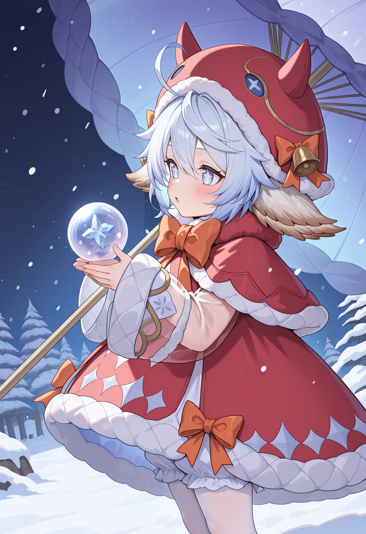 highres, best quality, masterpiece, snow, night, crystal ball, 
1girl, solo, gbfwam, short hair, white hair, blue hair, animal ears, ahoge, blue eyes, + +, flower-shaped pupils,
gbwmmas, fur-trimmed headwear, hat bell, red headwear, red dress, fur-trimmed dress, orange bow, red capelet, fur-trimmed capelet, long sleeves, see-through sleeves, wide sleeves, sleeves past wrists, white pantyhose, bloomers,
blush, open mouth, expressionless,
own hands together, from side, umbrella,
<lora:_wamdus-elesico-ilxlA:1>