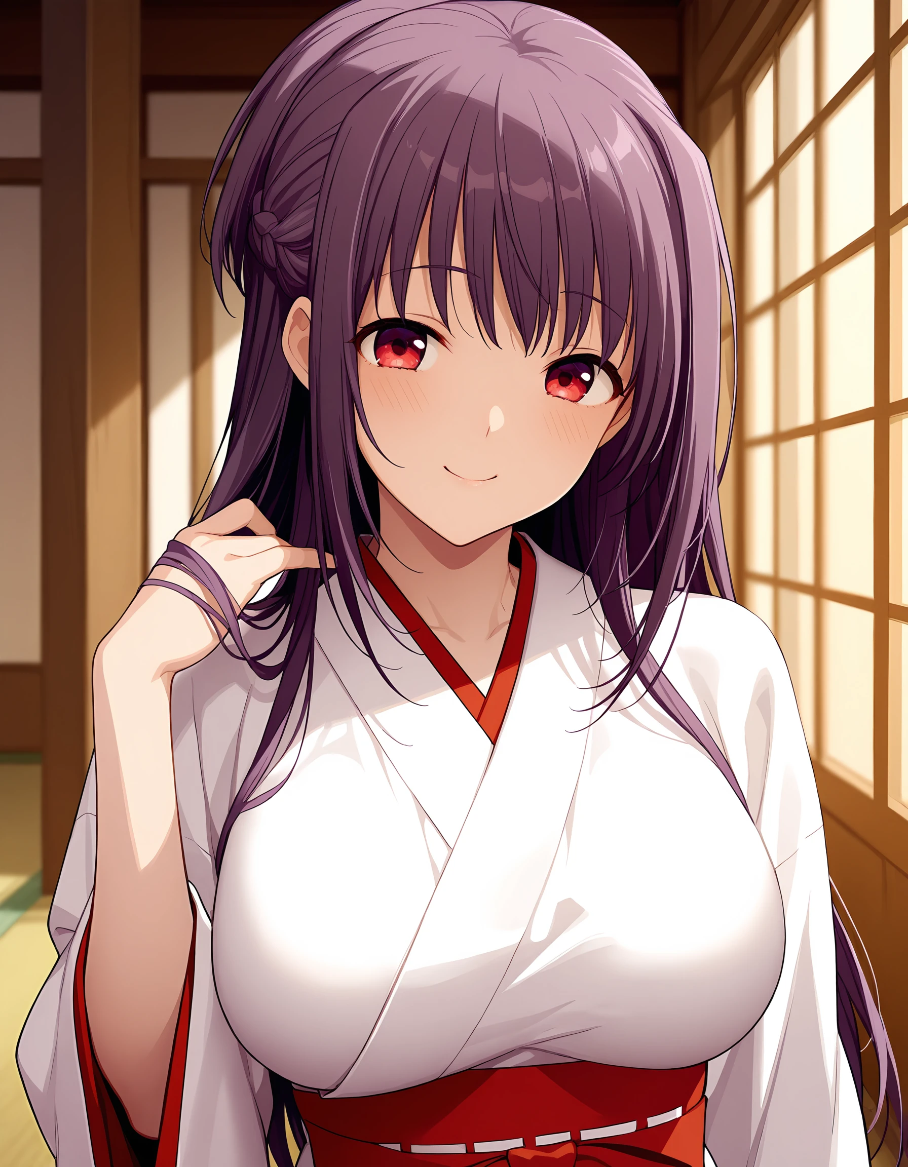 (high-quality, breathtaking),(expressive eyes, perfect face) (((yukata, cleavage, sexy lips)), 1girl, female, solo, young adult, red color hair , streaked hair, pink coloured eyes, stylised hair, gentle smile, long length hair, loose hair, side bangs, japanese clothing, demon slayer art style