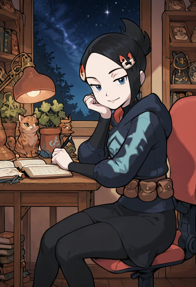 masterpiece, best quality, solo, curvy, beautiful eyes, narrow waist, wide hips, 1girl, solo, smile, looking at viewer,  zzMai, blue eyes, hair over one eye, black hair, hair ornament, hairclip, short hair,   black skirt, brown bag, diamond clan outfit, hood, hood down, jacket, pantyhose, pouch, print pantyhose, skirt, long sleeves,   <lora:MaiPokemon_IXL_v4:1.0>, , zzLofi, sitting, side view, desk, chair, book, bookshelf, head rest, holding, holding pen, lamp, night, open book, pen, plant, potted plant, sky, star (sky), starry sky, window, windowsill, writing, <lora:LofiGirl_Style_IXL:0.8>,