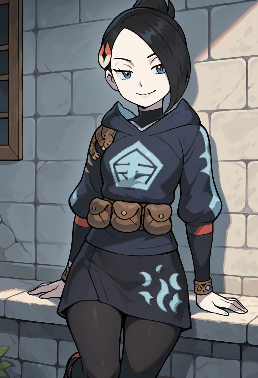 masterpiece, best quality, solo, curvy, beautiful eyes, narrow waist, wide hips, 1girl, solo, smile, looking at viewer,  zzMai, blue eyes, hair over one eye, black hair, hair ornament, hairclip, short hair,   black skirt, brown bag, diamond clan outfit, hood, hood down, jacket, pantyhose, pouch, print pantyhose, skirt, long sleeves,   <lora:MaiPokemon_IXL_v4:1.0>, leaning on wall, one leg bent, smug, looking at viewer,