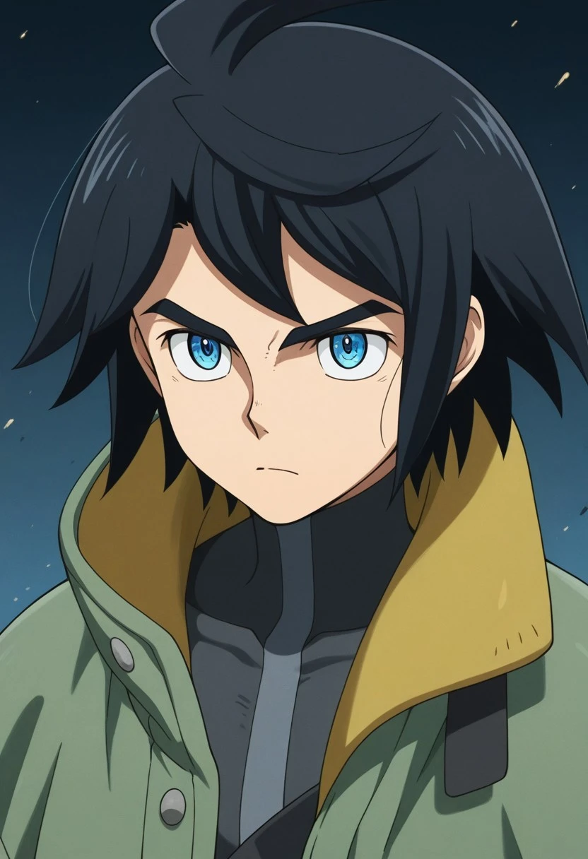masterpiece,best quality,amazing quality, source_anime, 
Mikadzukiogasu, 1boy, male focus, solo, blue eyes, black hair, , turtleneck, jacket, green jacket, high collar, serious,