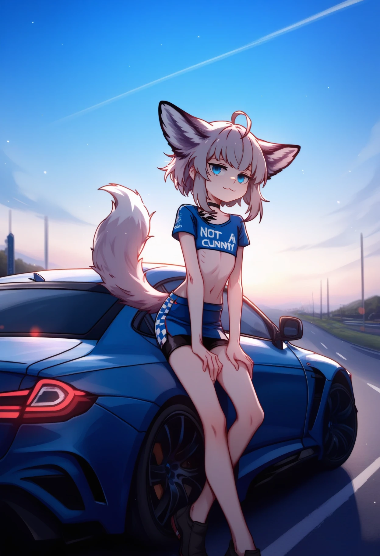 by kate fox, (by E 0x0194 type1:0.6), masterpiece, best quality, t-shirt with text "NOT A CUNNY" BREAK
1girl, sussurro \(arknights\), fox girl, fox tail, fox ears, blue eyes, grey hair, oripathy lesion \(arknights\), t-shirt, race queen, bike shorts, skirt, tail raised, posing, sport car, bmw, :3, flat chest, skinny, from below,
outdoors, street, road, landscape, horizon line