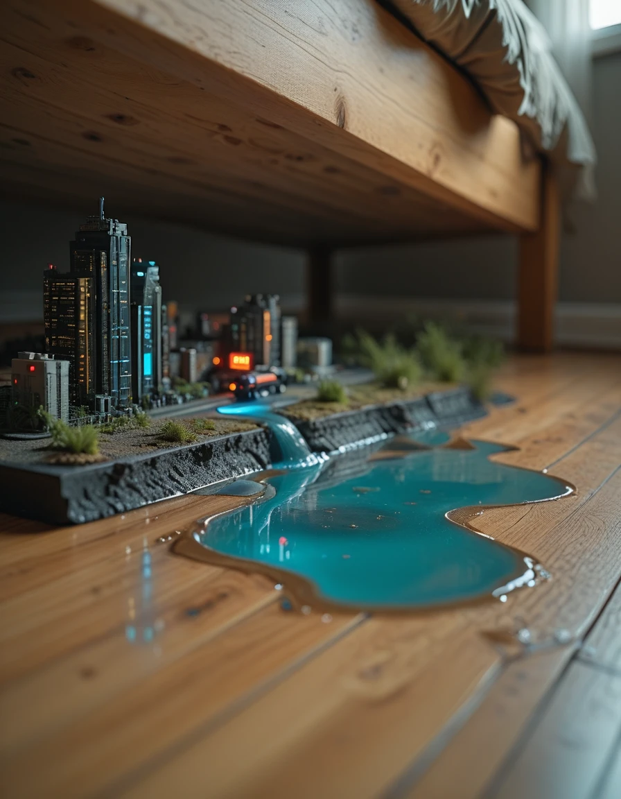 <lora:MIP-TY001ill:1> microscopic illuminated cyberpunk city near a blue water puddle lake with vegetation on the wooden floor under a wooden bed, from side, closeup, bokeh,