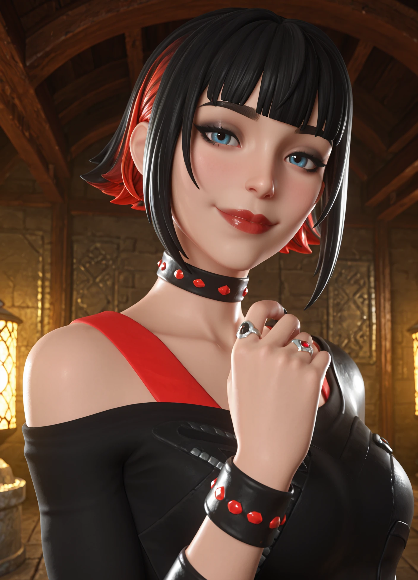 intricate details, looking at viewer, hyperdetailed skin texture, specular highlights, perfect lighting, subsurface scattering, masterpiece, best quality, amazing quality, 4k, very aesthetic, high resolution, ultra-detailed, absurdres, newest, scenery, 3d, rendered, realistic, pixar,
1girl, (cellulite:0.8), skindentation, black eye shadow,
1girl, solo, black hair, jewelry, multicolored hair, short hair, ring, two-tone hair, black nails, choker, looking at viewer, bangs, nail polish, red hair, off shoulder, makeup, blue eyes, upper body, bracelet, blunt bangs, wristband, lips, long sleeves, streaked hair, off-shoulder shirt, shirt, lipstick, smile, subtle rim lighting, well-lit with an ethereal glow, blush,
<lora:MorganMyst:1>