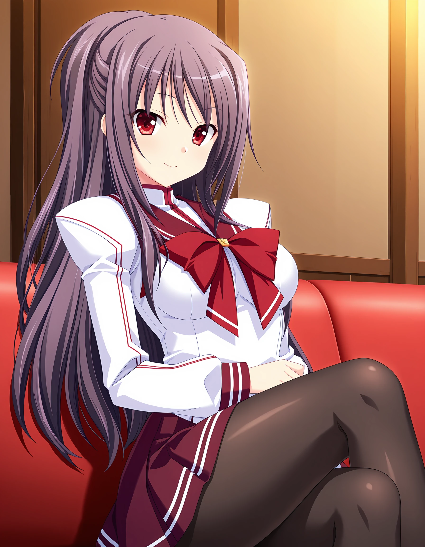 masterpiece, best quality, amazing quality, ultra detail, best resolution, good , good hand,
BREAK <lora:takasu-miyabi Prima Stella (Atelier Kaguya)-illustrious V2:1> miyabi, purple hair, long hair, half updo, red eyes, 
BREAK outfit01, sailor suit, sailor collar, crimson red sailor collar, shirt, white shirt, slit shirt, high neck shirt, crimson red lines taped shirt, shoulder pads, long sleeves, cuffs, crimson red cuff, bowtie, red bowtie, large bowtie, golden accessary on bowtie, skirt, pleated skirt, maroon skirt, mini skirt, white lines taped skirt, pantyhose, black pantyhose,
BREAK 1girl, posing, smile,