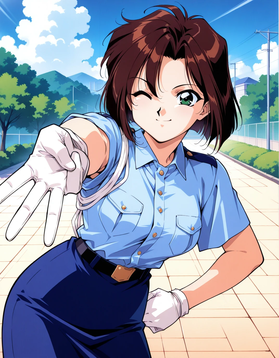 <lora:AENatsumiT:1> AENatsumiT, dark green eyes, Brown hair, parted bangs, short hair, Police uniform, blue shirt, breast pocket, rope, short sleeves, White gloves, blue skirt,
solo, 1990s \(style\), one eye closed, smile, gyaru v, outdoors, blue sky,, masterpiece, best quality, high quality, highres, 4k, newest, anime,