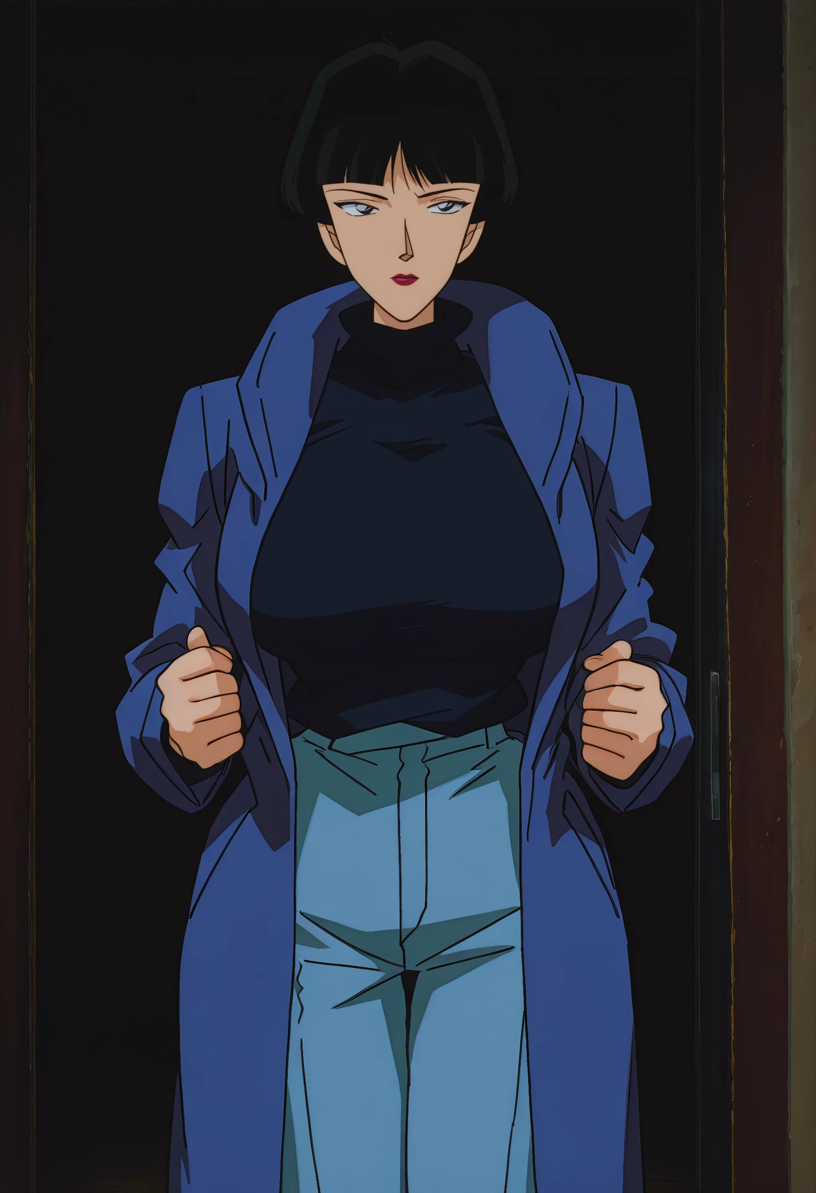 anime character of a woman with a red top and brown pants, in the anime film ergo proxy, blue and red clothes, standing, brown shoes