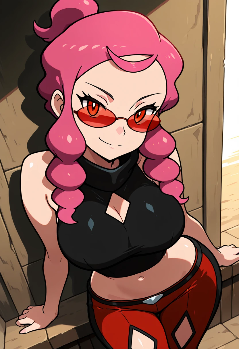 masterpiece, best quality, solo, curvy, beautiful eyes, narrow waist, wide hips, 1girl, solo, smile, looking at viewer, zzMalva, orange eyes, long hair, pink hair, sidelocks, sunglasses, tinted eyewear, sleeveless shirt, black shirt, bare arms, midriff, red pants, diamond cutout, two-tone pants, , <lora:MalvaPokemon_IXL_v2:1.0>, leaning on wall, one leg bent, smug, looking at viewer,