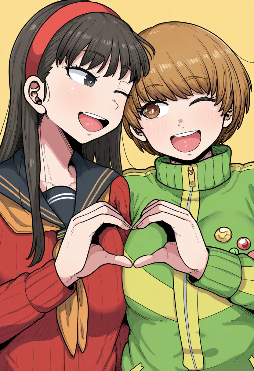 <lora:MCNsGeromazuunkoman02:1> MCNsc4kemq3,amagi yukiko, satonaka chie,2girls, :d, badge, black hair, black sailor collar, breasts, brown eyes, brown hair, button badge, eyelashes, green jacket, grey eyes, hair between eyes, heads together, heart, heart hands, heart hands duo, jacket, long hair, long sleeves, multiple girls, neckerchief, one eye closed, open mouth, orange neckerchief, sailor collar, school uniform, short hair, small breasts, smile, teeth, track jacket, upper body, upper teeth only, yasogami school uniform, yellow background,