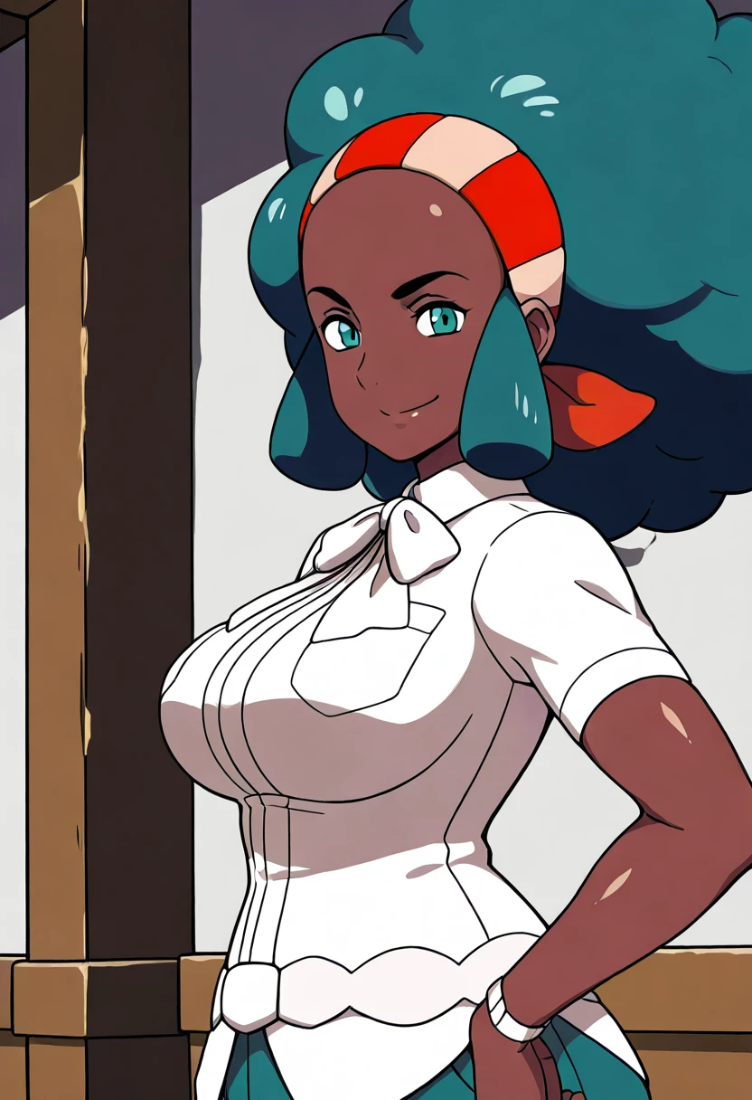masterpiece, best quality, solo, curvy, beautiful eyes, narrow waist, wide hips, 1girl, solo, smile, looking at viewer, zzLenora, green eyes, big hair, green hair, hairband, dark skin, white shirt, large breasts, bow, green pants, , <lora:LenoraPokemon_IXL_v2:1.0>, upper body, side view, smile, looking at viewer, shiny skin,