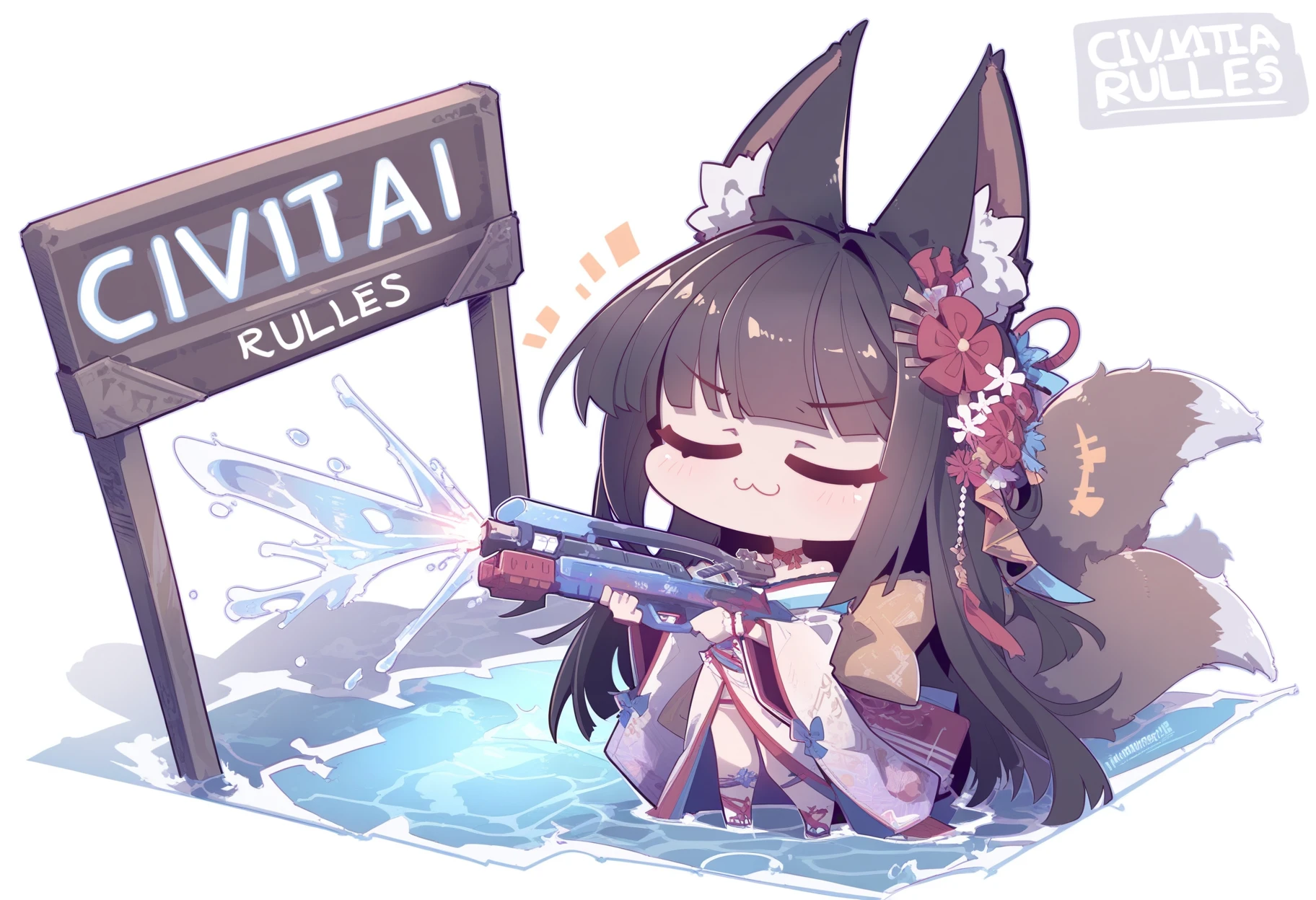 by imazawa, masterpiece, best quality BREAK
1girl, nagato \(azur lane\), chibi, nagato \(guardian fox's shining furisode\) \(azur lane\), kimono, fox girl, animal ear fluff, tail, smug, :3, standing, simple background, sign with text "civitai rules" covered in water,
holding water gun, firing water at the sign, splashes of water