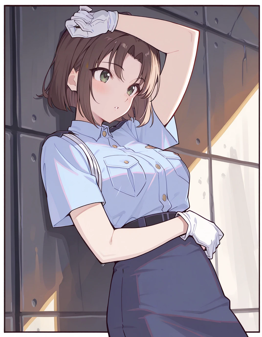 <lora:AENatsumiT:1> AENatsumiT, dark green eyes, Brown hair, parted bangs, short hair, Police uniform, blue shirt, breast pocket, short sleeves, White gloves, blue skirt,
<lora:AETeshimaNari:1>
arm over head, parted lips, against wall,, masterpiece, best quality, high quality, highres, 4k, newest, anime,