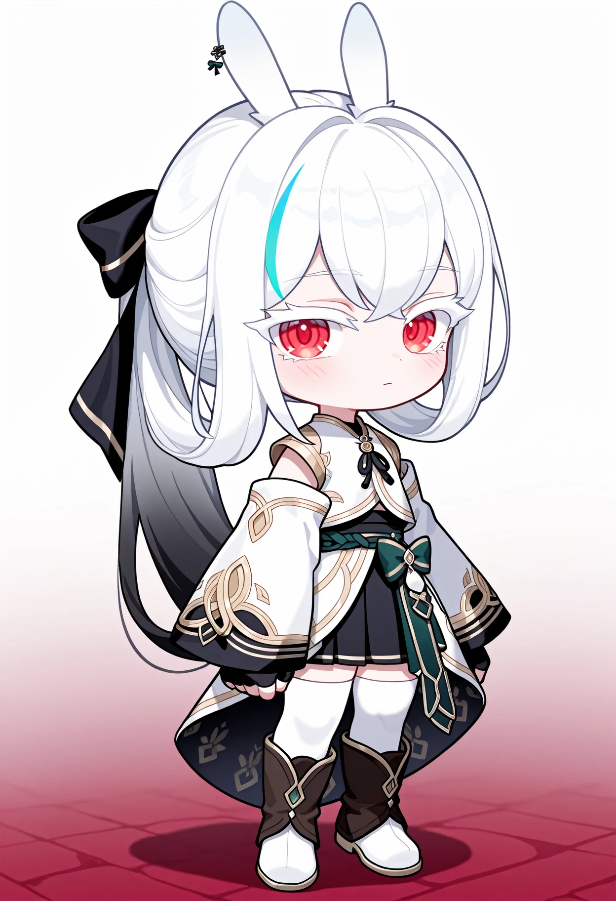 masterpiece, looking at viewer,(chibi:0.1),
1girl, solo,  <lora:Len_Maplestory_-_ILXL:1> white hair, long hair, streaked hair, ponytail, hair bow, rabbit ears, red eyes, white eyelash, detached sleeves, long sleeves, black skirt, pleated skirt,fingerless gloves, thighhighs, boots