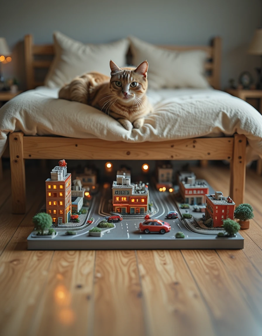 <lora:MIP-TY001ill:1> mini illuminated toy city with highway on the wooden floor halfway under a wooden bed, while a cat is on the bed, closeup, bokeh,