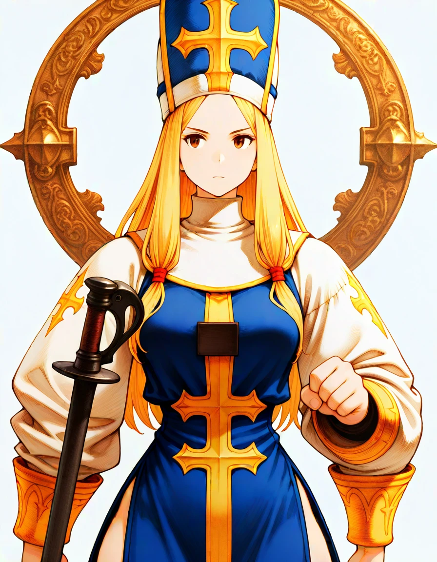 masterpiece, best_quality, very_aesthetci absurdres,
<lora:negXL:0.5> <lora:FFT_IL:1> fft, oil painting \(medium\), game cg, , , solo,1girl,,upper body, holding weapon, fighting stance,,Cleric, muscular build, gold-trimmed priest vestments, fantasy art, white background,
