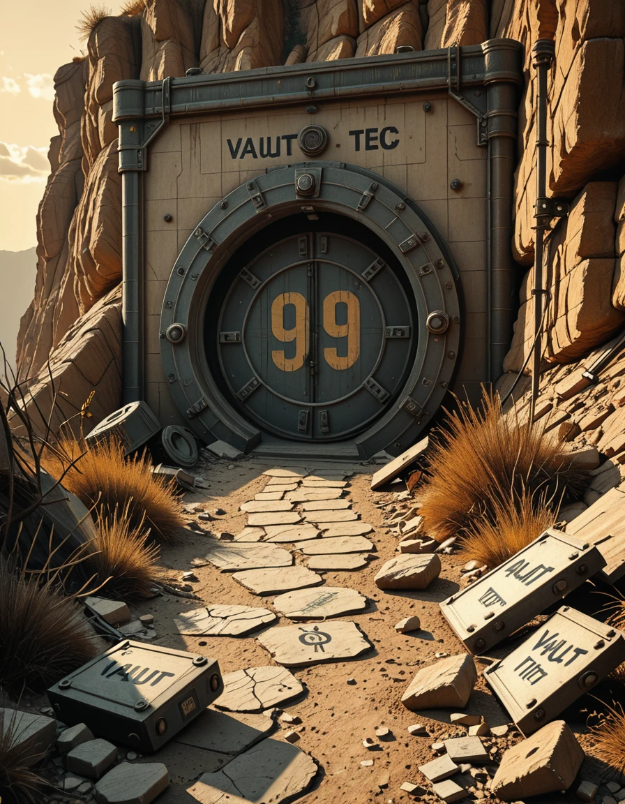 (masterpiece, best quality, photorealistic, cinematic lighting, retrofuturistic post-apocalyptic setting), exterior view of Vault 69, a massive gear-shaped steel door embedded into a rugged canyon wall, the number "69" faded and scratched on its surface, surrounded by broken rock and dead vegetation, cracked concrete and rusted scaffolding scattered with old-world debris, remnants of ruined equipmentâburnt-out terminals, tangled wires, broken warning lightsâsurround the entrance, a toppled Vault-Tec sign lies half-buried in dust, the vault door is slightly ajar, revealing deep darkness inside, the sky is hazy orange with distant ash clouds, long shadows stretch across the desolate terrain, eerie silence, no human presence, inspired by Fallout universe, ultra-detailed, atmospheric storytelling,exterior view of V4ult 69, <lora:exterior_view_of_V4ult_69-i:1>, Masterpiece,best quality,hi res,8k,hi res,8k,award winning,(sharp focus, intricate, highly detailed),