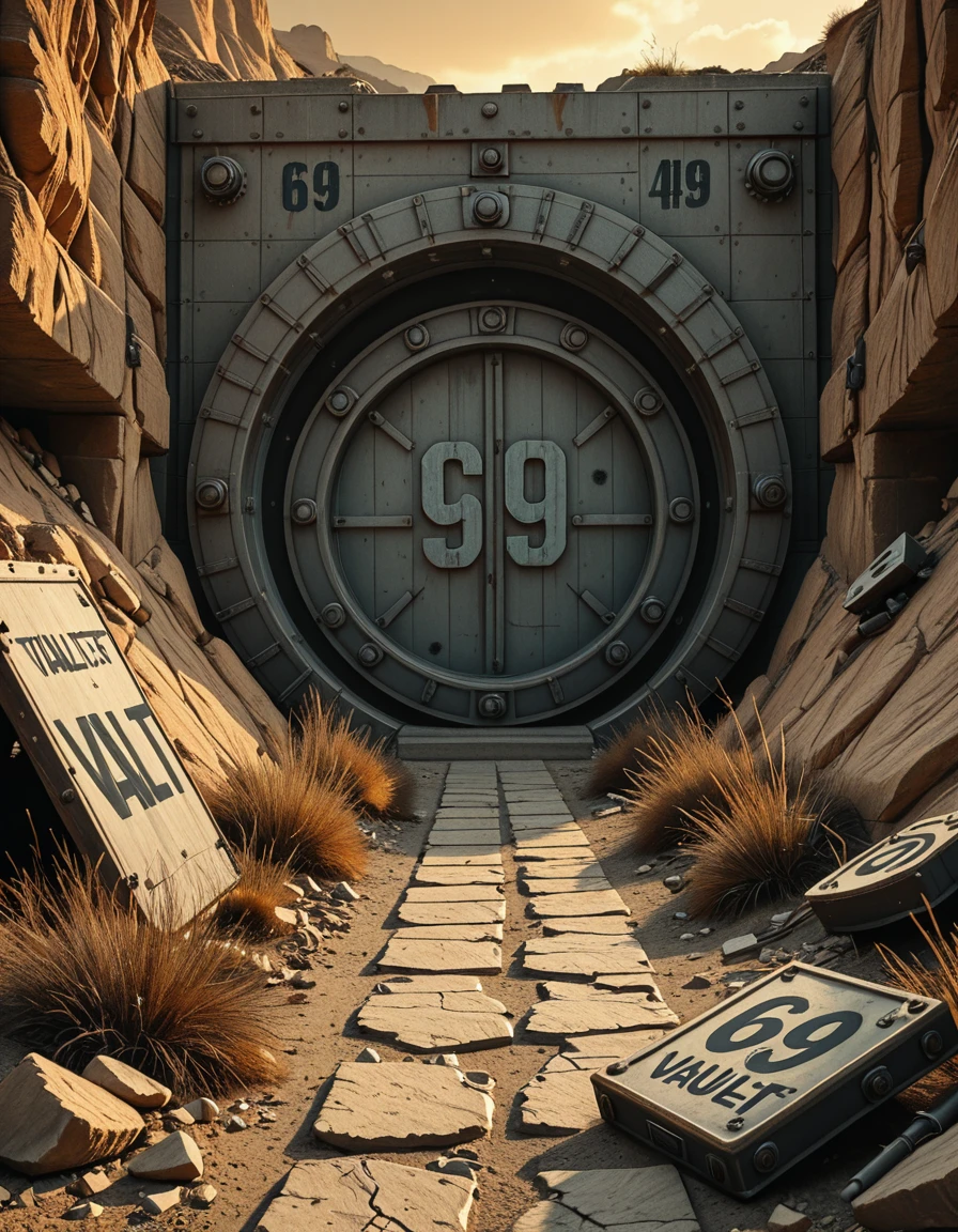 (masterpiece, best quality, photorealistic, cinematic lighting, retrofuturistic post-apocalyptic setting), exterior view of Vault 69, a massive gear-shaped steel door embedded into a rugged canyon wall, the number "69" faded and scratched on its surface, surrounded by broken rock and dead vegetation, cracked concrete and rusted scaffolding scattered with old-world debris, remnants of ruined equipmentâburnt-out terminals, tangled wires, broken warning lightsâsurround the entrance, a toppled Vault-Tec sign lies half-buried in dust, the vault door is slightly ajar, revealing deep darkness inside, the sky is hazy orange with distant ash clouds, long shadows stretch across the desolate terrain, eerie silence, no human presence, inspired by Fallout universe, ultra-detailed, atmospheric storytelling,exterior view of V4ult 69, <lora:exterior_view_of_V4ult_69-i:1>, Masterpiece,best quality,hi res,8k,hi res,8k,award winning,(sharp focus, intricate, highly detailed),