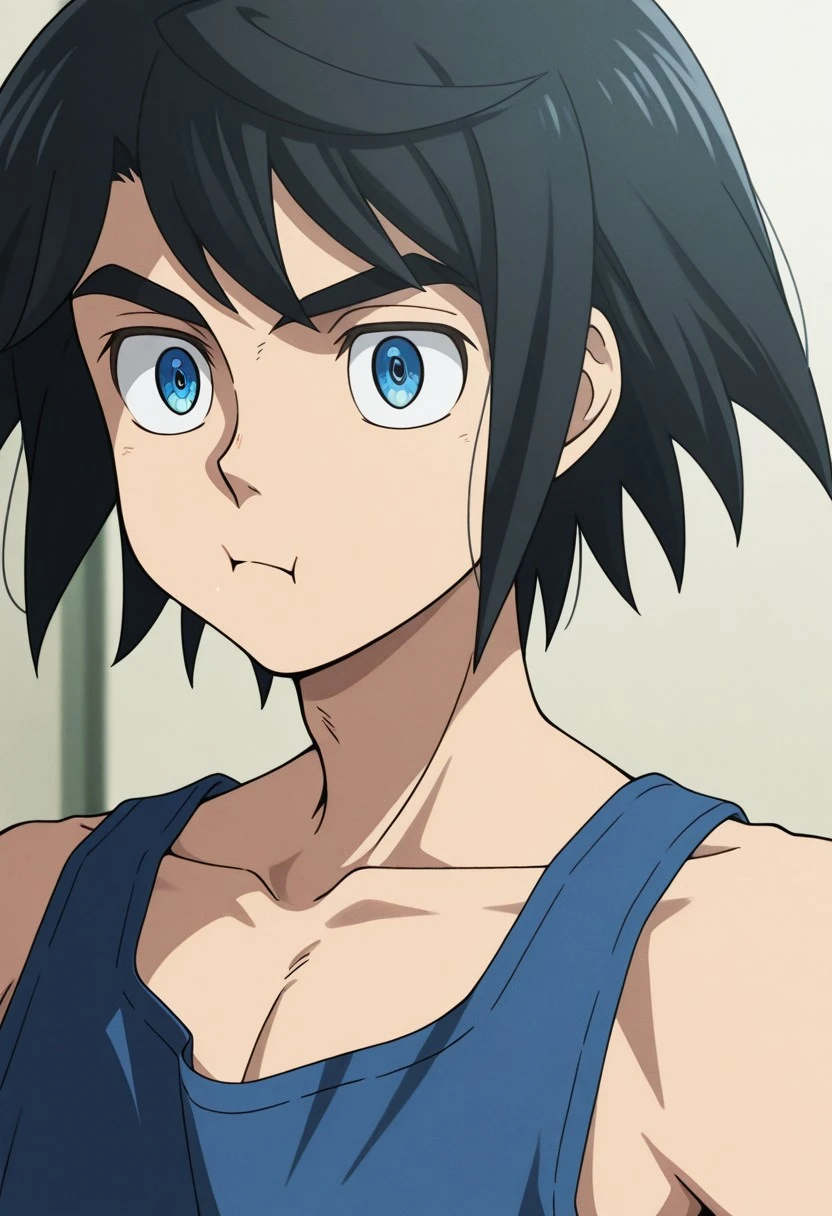 masterpiece,best quality,amazing quality, source_anime,
Mikadzukiogasu, 1boy, male focus, solo, blue eyes, black hair, collarbone, blue tank top, portrait, chewing