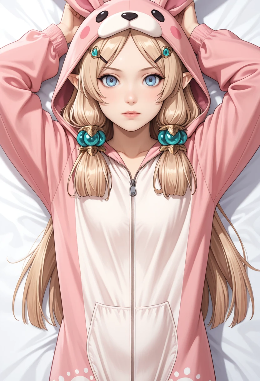 masterpiece, best quality, absurdres, newest, perfect quality, best quality, absolutely eye-catching, detailed background, intricate details, solo,
<lora:ILR4Margaret:1>
R4Margaret, 1girl, pointy ears, long hair, blonde hair, blue eyes, hair ornament, hair flower, looking at viewer, arms up, hairclip, pink nails, hood, long sleeves, zipper, pajamas, onesie