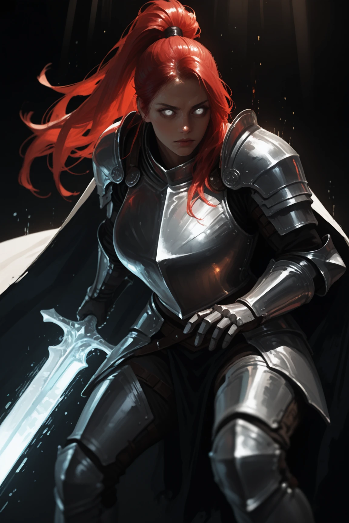 weapon, sword, armor, holding sword, holding weapon, holding, , gauntlets, full armor, shoulder armor, pauldrons, long hair, knight, , red hair, cape, ambiguous gender, breastplate, , , , 1girl, dark, horror \(theme\), , huge breasts, high ponytail, fighting stance, silver sword, light rays, silver armor, white clothes, tight clothes, glowing weapon, silver light, emanating light, huge weapon, glowing sword, silver eyes, <lora:Detailer_NoobAI_Incrs_v1:0.75>, masterwork, masterpiece, best quality, detailed, depth of field, realistic, ultra-HD, (impressionism:1.5), high detail, best quality, very aesthetic, 8k, , , , photorealistic, , , (cheekbones:0.75), adult, aged up, dynamic pose, depth of field, dynamic angle
