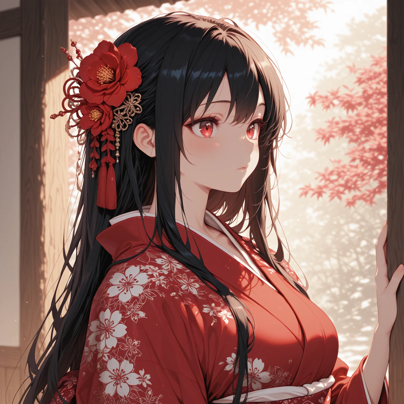 The image portrays a beautifully drawn anime-style young woman dressed in an elegant red kimono adorned with intricate floral patterns. Her long, wavy black hair cascades down her shoulders, partially tied with vibrant red ribbons and decorated with a large red flower and delicate ornaments. She has soft, fair skin and expressive, slightly blushed cheeks, complemented by her large, captivating eyes in shades of pink and gray. Her look is serene yet intense, with a touch of melancholy or quiet strength. The background is softly lit, with warm sunlight filtering through wooden structures, adding a dreamy, almost ethereal atmosphere to the scene,,, (masterpiece, best quality, amazing quality, detailed background, intricate details,intricate,absurdres, extremely aesthetic,newest:1.2)