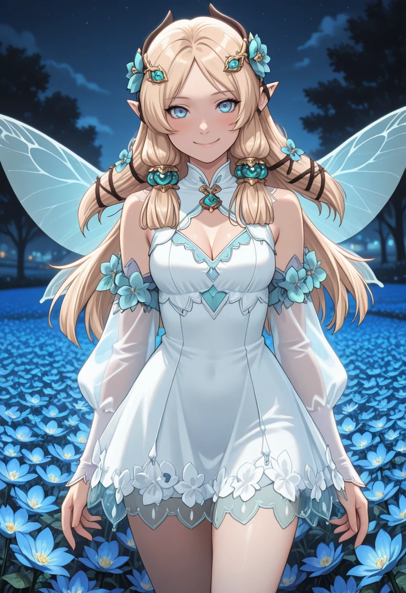 masterpiece, best quality, absurdres, newest, perfect quality, best quality, absolutely eye-catching, detailed background, intricate details, solo,
<lora:ILR4Margaret:1>
R4Margaret, 1girl, pointy ears, long hair, blonde hair, blue eyes, hair ornament, hair flower, looking at viewer, hair flower, hair ornament, cleavage cutout, flower field, white dress, detached sleeves, jewelry, fairy wings, earrings, blue flower, bare shoulders, clothing cutout, night, see-through, closed mouth, thighs, smile, blush, outdoors