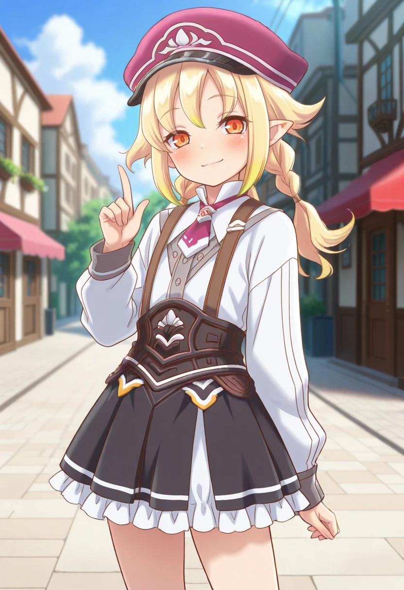 masterpiece, very aesthetic, best quality, absurdres, newest, solo,
<lora:ILR5Livia:1>
R5Livia, 1girl, blonde hair, twin braids, pointy ears, multicolored hair, orange eyes, hat, looking at viewer, black skirt, smile, white shirt, hair bow, outdoors, frills, long sleeves, closed mouth, blush, suspender skirt,building, frilled skirt, hand up, suspenders, pleated skirt, blurry background, collared shirt, standing, day, index finger raised, street, cowboy shot