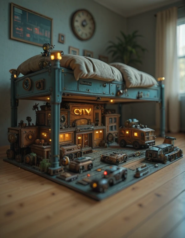 <lora:MIP-TY001ill:1> microscopic landscape with toy cyberpunk city and trees and vegetation on the wooden floor all over the room, bokeh, in a steampunk bedroom,