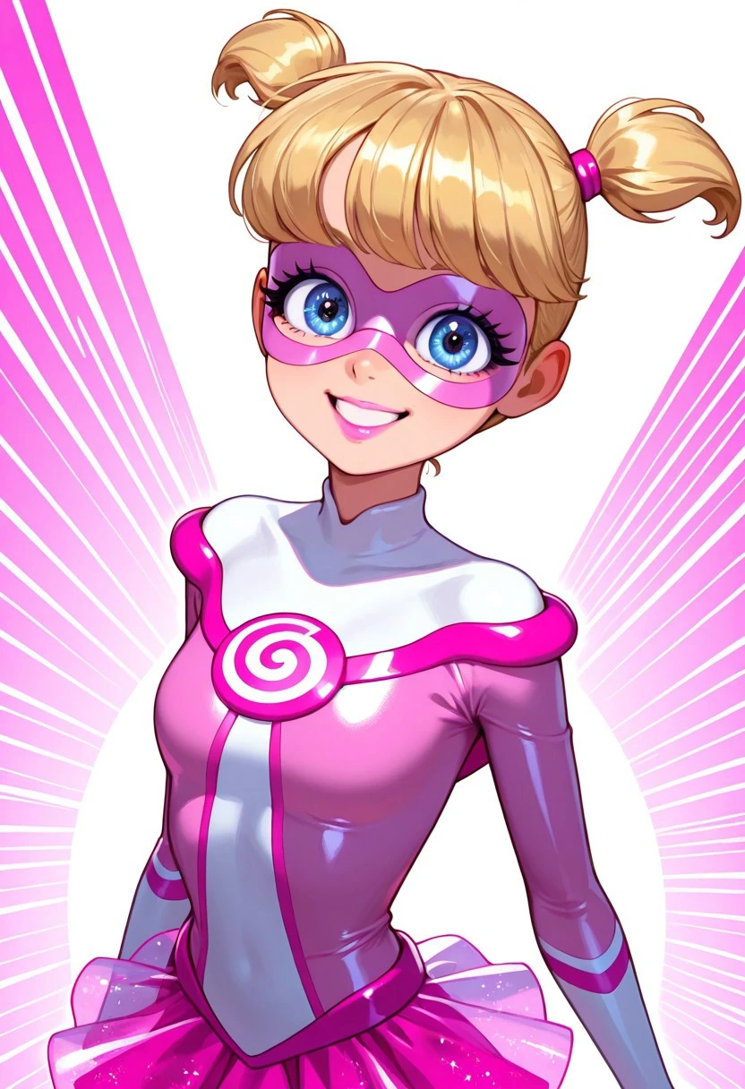 , vivid colors,, masterpiece, best quality, high quality, high resolution, (perfect lips, perfect eyes, perfect body), BREAK, 1girl, solo. (Pigella, blonde hair, blue eyes, twintails, short twintails, bangs, pink lipstick, eyelashes, superhero, mask, domino mask, bodysuit, sparkly pink bodysuit, magenta lines, white-necked upper chest, white stripes, pink skirt, transparent skirt, mini skirt, white stripes, swirly pattern on her chest, skin tight,), kind smile, teeth, looking at view, dynamic poses, BREAK, simple background, colorful background, pink background, white background,