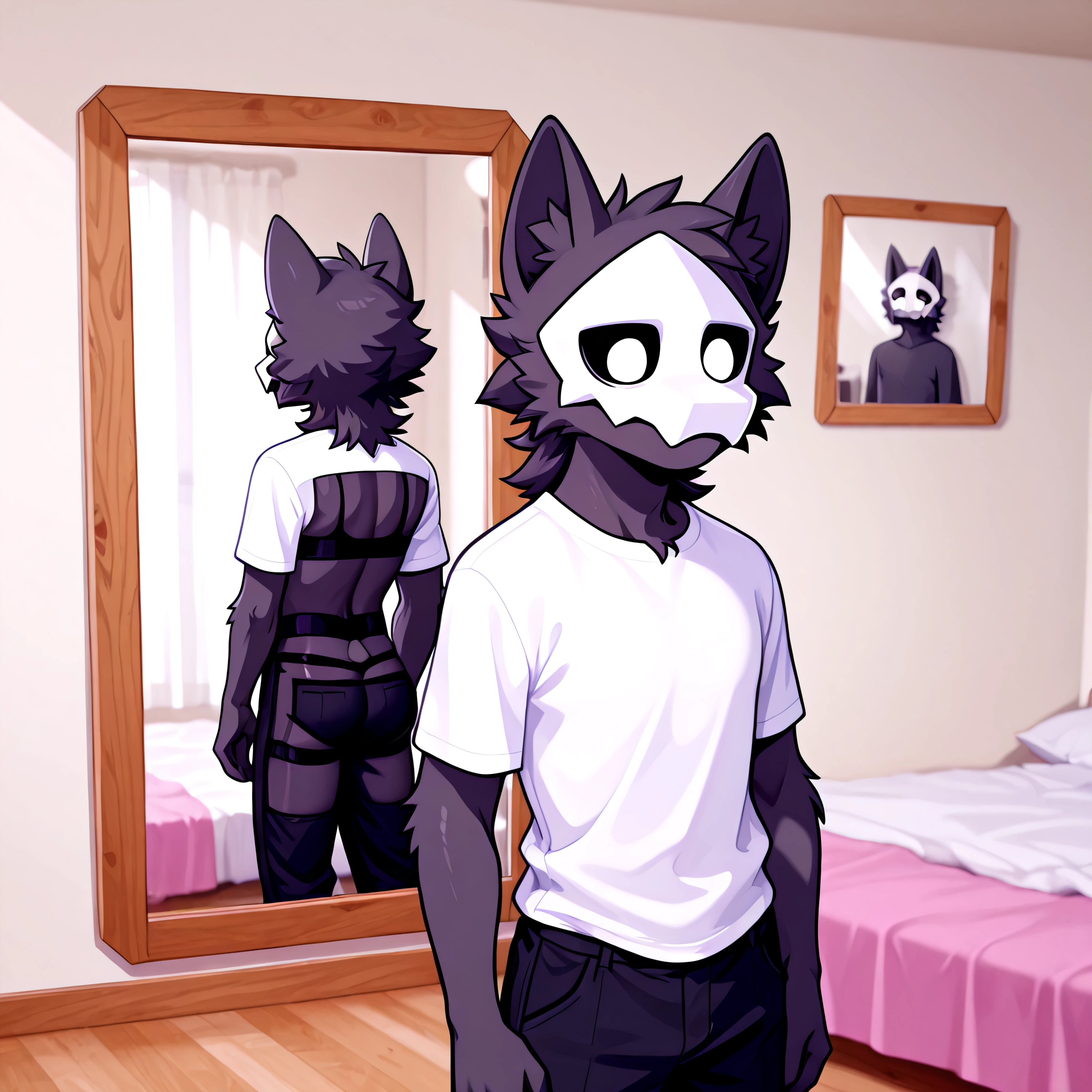 (2024, best quality, masterpiece), <lora:puro-il>, mikus-puro, white mask, black fur, white eyes, sharp image, ## no humans, character, male focus, ## handsome face:1.5, no humans ## uploaded on e621, (uploaded on e621) ## detailed face, (detailed face), detailed ears, detailed clothing, detailed body, (detailed body), detailed hair, detailed background ## indoors, ## <lora:Business_in_the_Front_Party_in_the_Back_Illustrious:1> mikus-concept, standing, mirror, front and back, front, back, white shirt, black pants, ,
