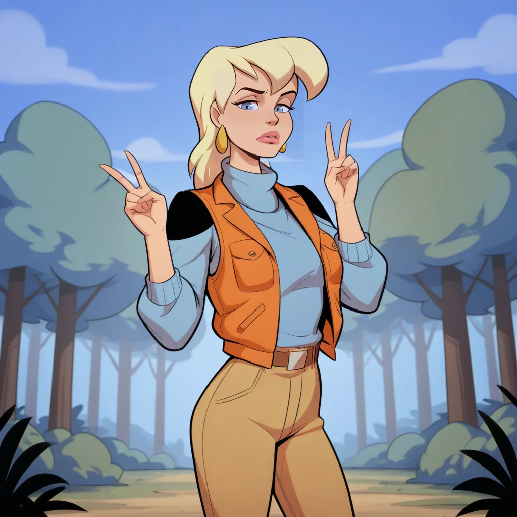 masterpiece, best quality, MaxMom, 1girl, solo, blonde hair, blue eyes, lipstick, earrings, blue turtleneck sweater, vest, cargo pants, brown belt, cowboy shot, double v, <lora:MaxMom_MightyMax_illustrious_Leaf1:1>, blue sky, forest,