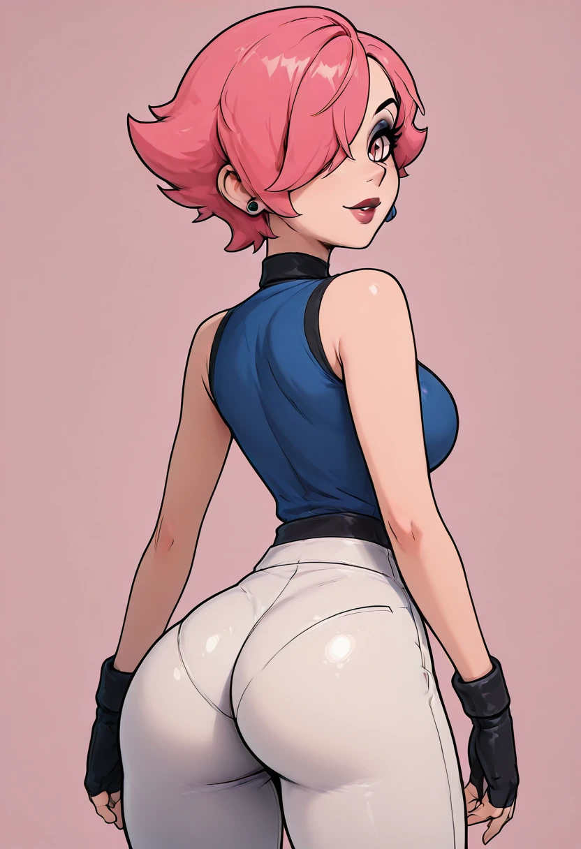 masterpiece, best quality, solo, curvy, beautiful eyes, narrow waist, wide hips, 1girl, solo, smile, looking at viewer, zzMaylene, pink eyes, pink hair, short hair,   fingerless gloves, blue shirt, sleeveless shirt, white pants,  <lora:MaylenePokemon_IXL_v1:1.0>, , solo, looking at viewer, simple background, ass, cowboy shot, looking back, from behind, hair over one eye, lips,  skindentation, makeup, piercing, cross, lipstick, ear piercing, eyeshadow, shiny clothes, gothic, <lora:ElfFio_IXL_v2:0.8>,
