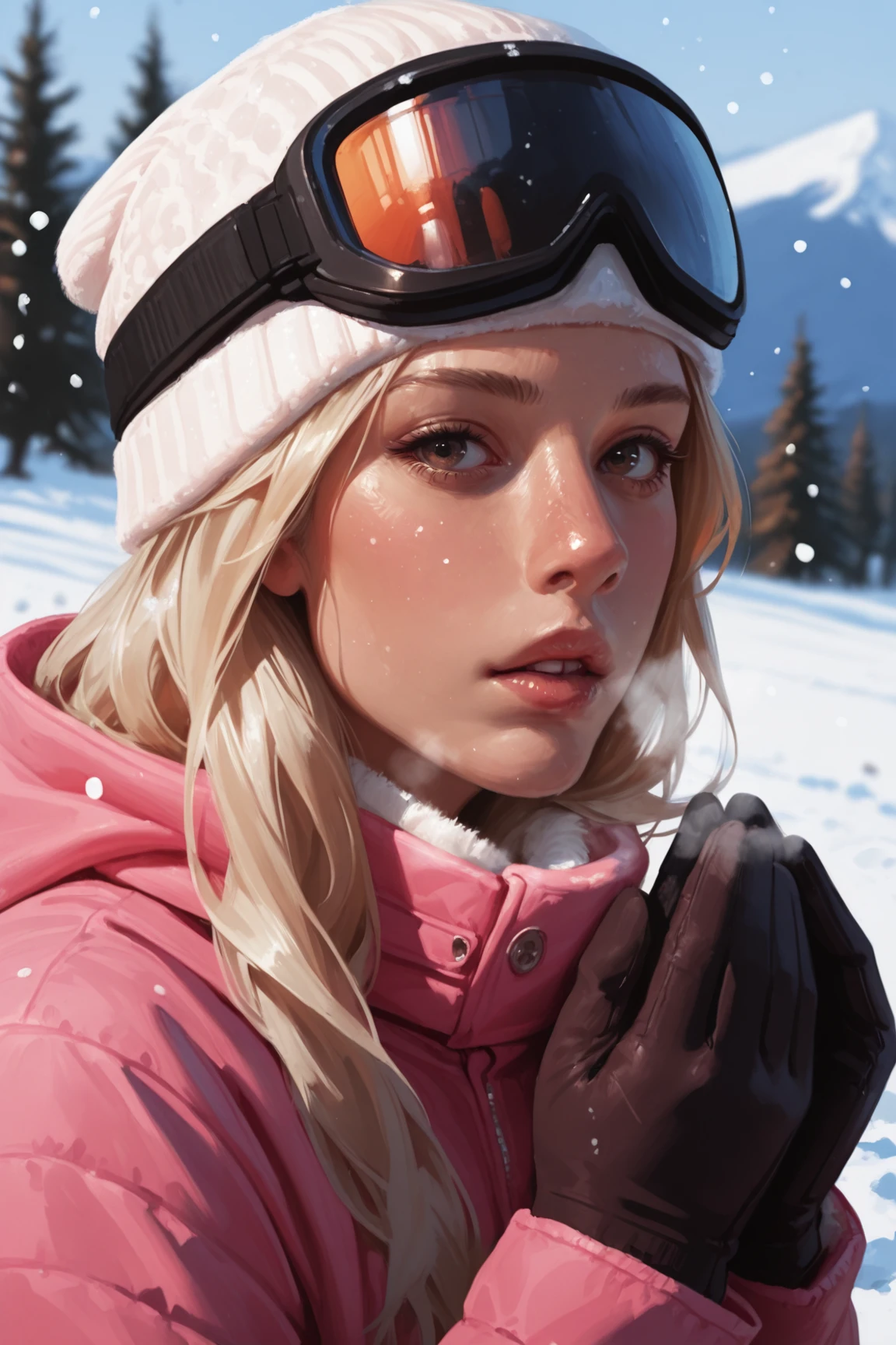 1girl, solo, blonde hair, , goggles, snow, parted lips, long hair, lips, ski goggles, mountain, tree, portrait, pink jacket, winter, snowing, , nose, from side, jacket, outdoors, breath, flush, platinum blonde, , warming hands, hands up, looking at viewer,, <lora:Detailer_NoobAI_Incrs_v1:0.75>, masterwork, masterpiece, best quality, detailed, depth of field, realistic, ultra-HD, (impressionism:1.5), high detail, best quality, very aesthetic, 8k, , , , photorealistic, , , (cheekbones:0.85), adult, aged up, dynamic pose, depth of field, dynamic angle