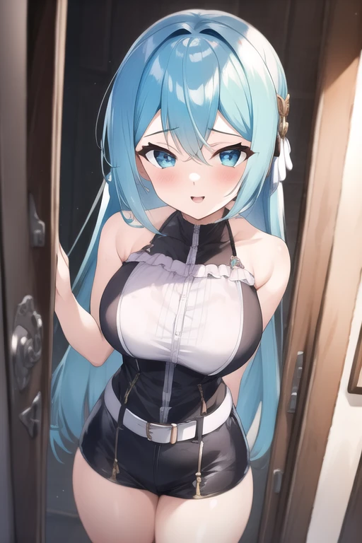 nsfw, best quality, vienna (vtuber), 1girl, smile, bangs, bare shoulders, breasts, breasts out, nipples, clothing pull, black hair, blue hair, collarbone, crescent, crescent hair ornament, crop top, crossed bangs, detached collar, dragon girl, dragon horns, gradient hair, hair between eyes, hair ornament, high-waist pants, horns, long hair, midriff, pants, red eyes, solo, white collar, white pants, (office:1.3), finely detailed background, amazing background