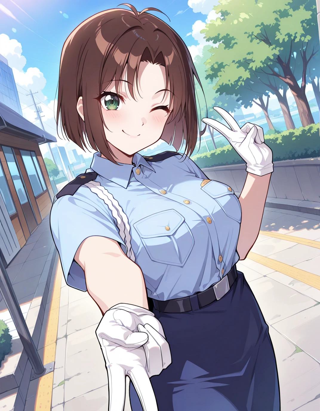 <lora:AENatsumiT:1> AENatsumiT, dark green eyes, Brown hair, parted bangs, short hair, Police uniform, blue shirt, breast pocket, rope, short sleeves, White gloves, blue skirt,
solo, one eye closed, smile, gyaru v, outdoors, blue sky,, masterpiece, best quality, high quality, highres, 4k, newest, anime,